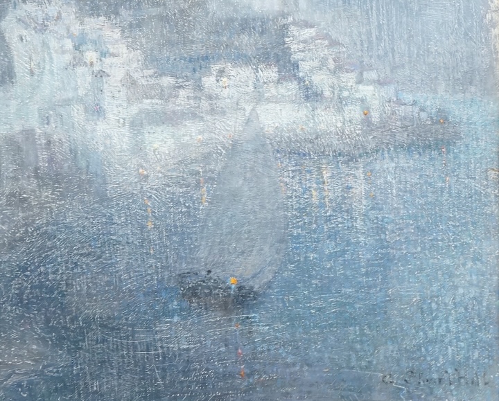 Alexander Stuart Hill (Scottish, 1889-1948), Sailing boat before Continental villas, signed, oil on board, 35 x 43cm